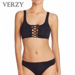 VERZY S-XL Plus Size Sexy Criss-cross Lace Up Bikinis Suit Hollow Solid Black Two Pieces Bandage Maillot De Bain Femme Racerback