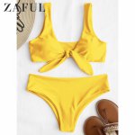 ZAFUL Bikini Padded Front Knot Bikini Set Women's Swimsuit Solid Swimwear Sexy Summer Beachwear U-Neck Swimming Suit Biquni