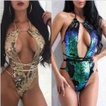 2018 Bikinis Sexy Deep V Halter Neck Sequin Bikinis set Summer Beach High Waist Bathing Suit Women Forest Leaf Print Swimsuit 