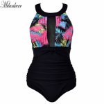 Mesh Patchwork One-piece Swimsuit Women 2018 Swimwear Leaves Printed Polka Dot Hot Spring Bathing Suit Sexy Halter Bikini