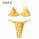 ZAFUL Bikini Bralette Tree Branch Bra with High Leg Bottoms Yellow Women Swimsuit Sexy Spaghetti Straps Swimwear Unpadded Biquni