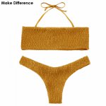 Make Difference Brand Lycra Solid Shirred Swimsuit New Womens Orange Bandeau Bikinis Sexy Halter Brazilian Thong Indoor Swimwear