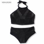 NINGFEINI BLack Mesh High Neck Bikini Set Push Up Bikini Female Swimwear Women Sexy Two Pieces Swimsuit Bathing Suit Swimsuit