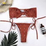 Oiyeefo Strapless Bandeau Swimsuit Sexy Brown Dot Bikini Brazilian Biquine Women Knot Bathers Beach May Swimwear Female Plavky